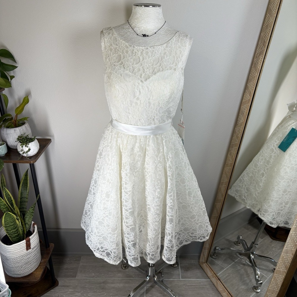 Mori Lee Womens 12 Ivory Fit Flare Dress Coquette Wedding Lace Satin Sash